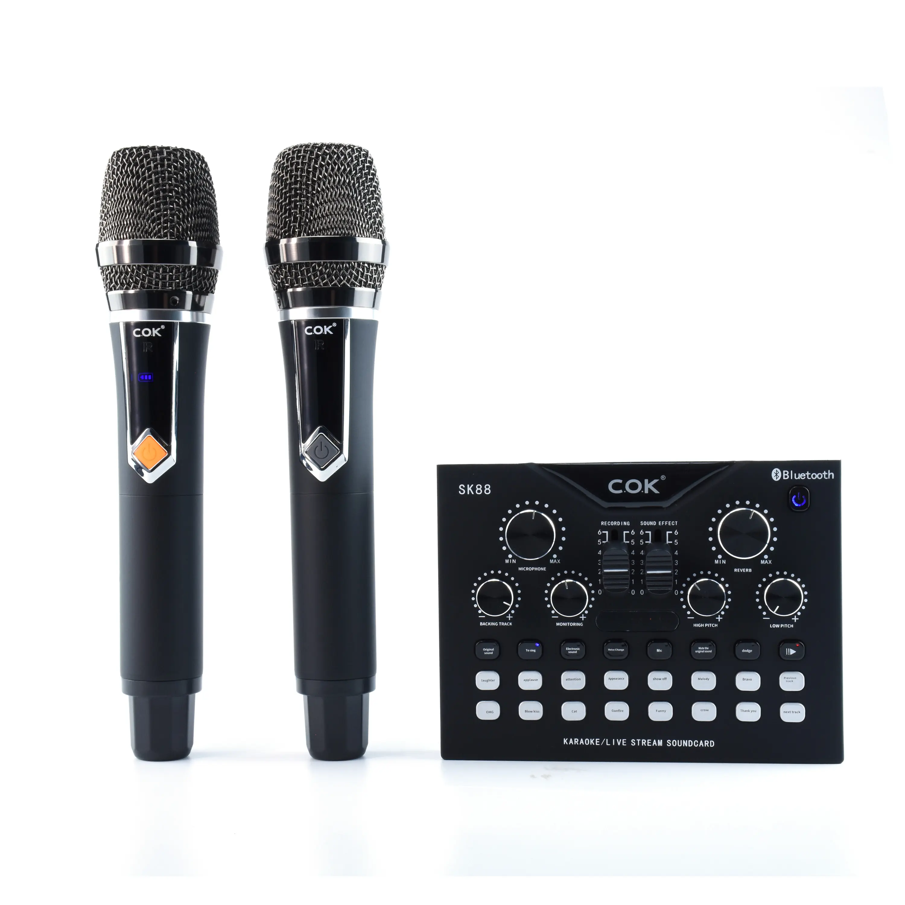 Compact Blue tooth streaming home theater use dual channel handheld uhf wireless microphone karaoke mixer soundcard SET