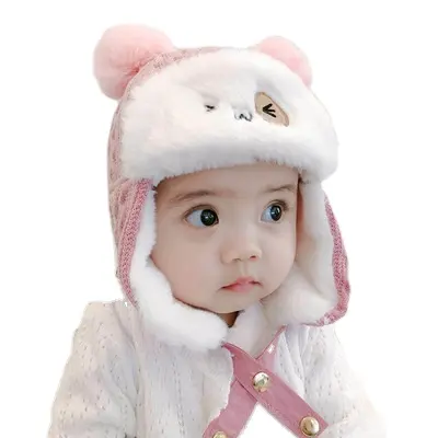 HT-0666 Wholesale Hot Selling Customize Logo Babies Cute Ear Plus Velvet Wool Winter Hats Lei Feng Cap Warm Knitted Hat Baby Hat