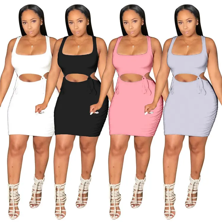 Free Sample Women Spring Wearing Solid Color Hollow Out Hanging Sexy Stacked Dress