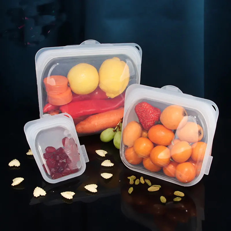 Custom Food Grade Fresh Preservation Saver Freezer Reusable Platinum Silicone Food Storage Bag Set For Snack Fruits