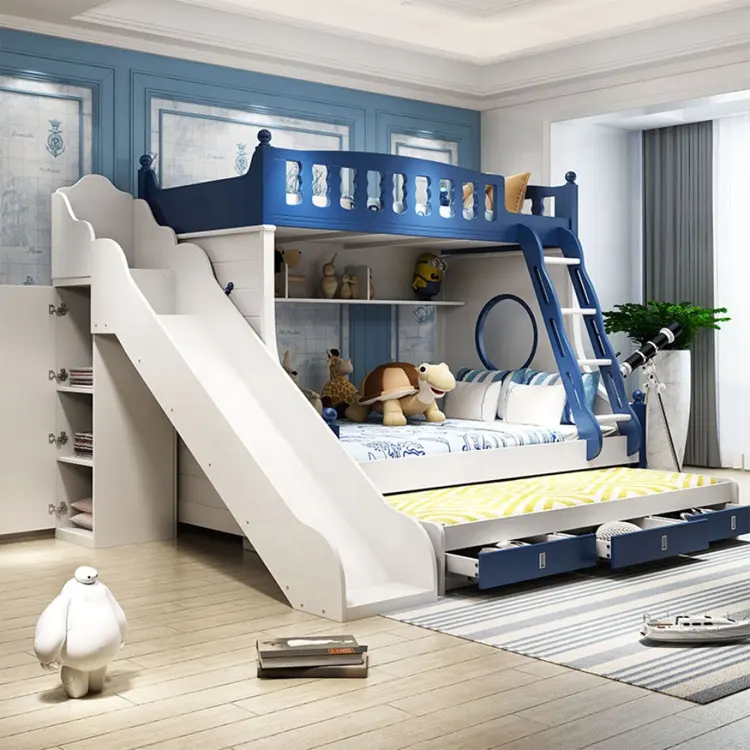 Многофункциональные детские современные двухъярусные кровати с горкой и шкафом для хранения, деревянная двухъярусная кровать для детей, набор для детской кровати с мультяшным рисунком
