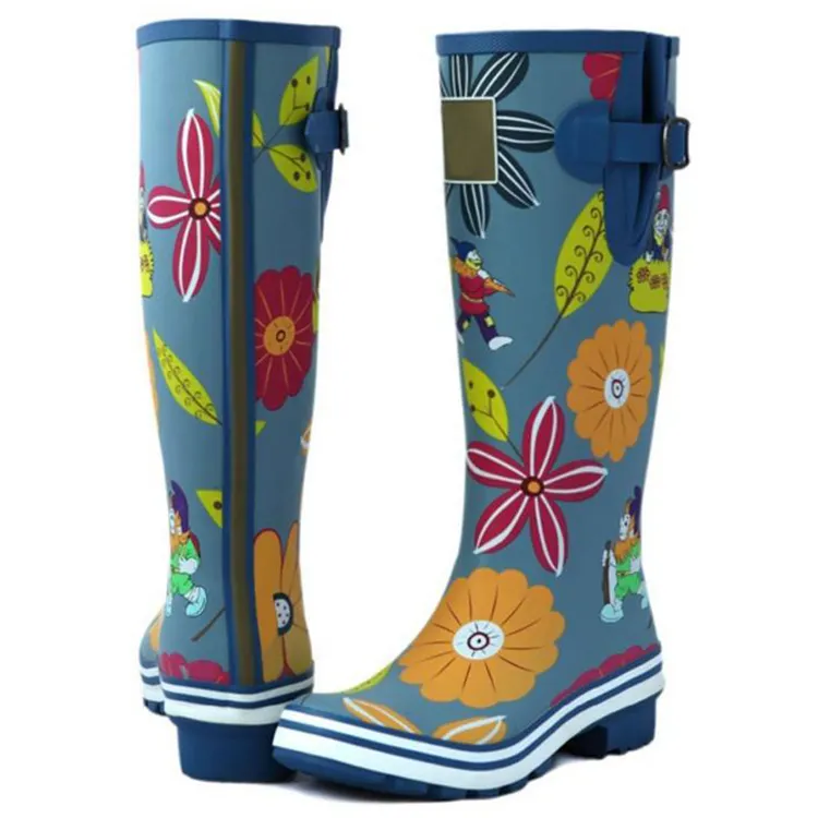 High Quality Design Navy Blue Printed Wedge Heeled Men Rain Boots Wellie