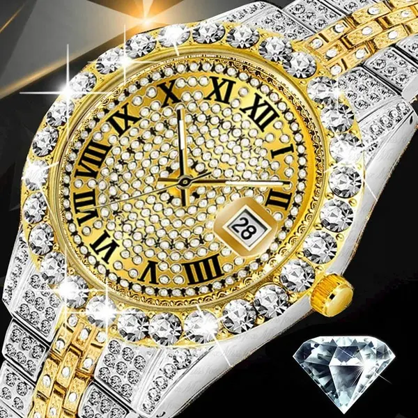 Мужские двухцветные часы в стиле хип-хоп, Роскошные Металлические часы в стиле рэпера с золотым циферблатом и подворотом на груди, 6073