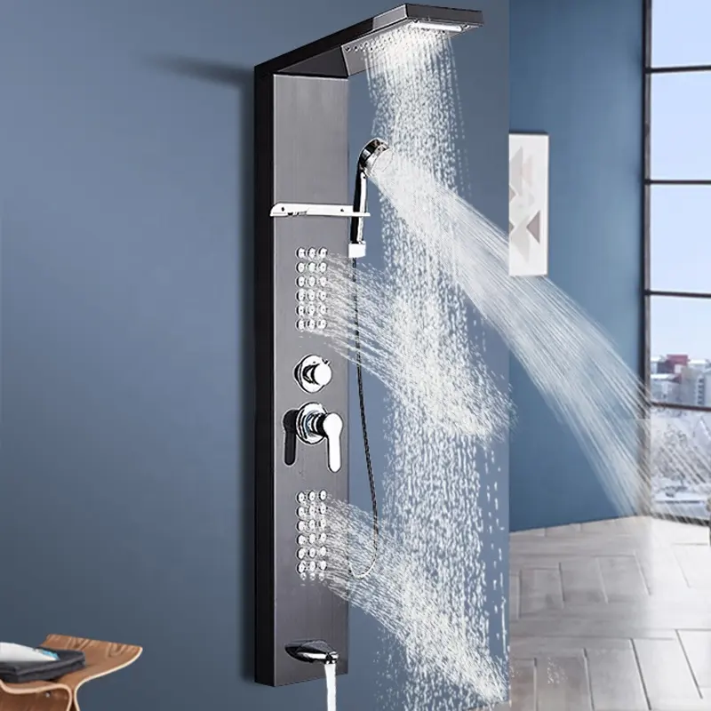 Shower Panel bathroom wall mounted stainless steel Waterfall black shower column set tower Massage Body Jets Shower Panels