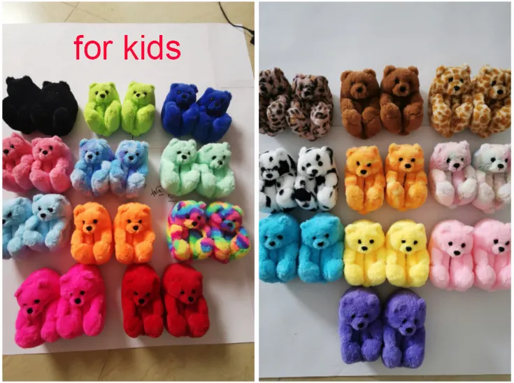 Drop Shipping 21 Colors Kids Fur Slides 1 Size Mommy And Me Furry Bear Shoes Plush House Teddy Bear Slippers Fluffy Slippers