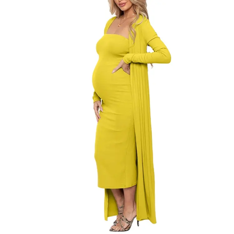 Custom casual off shoulder women pregnant clothes maternity solid bodycon dress and cardigan set