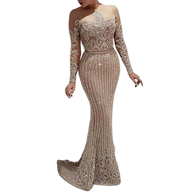 Elegant mid-waist long-sleeved sequins solid color chest-wrapped evening dresses for women