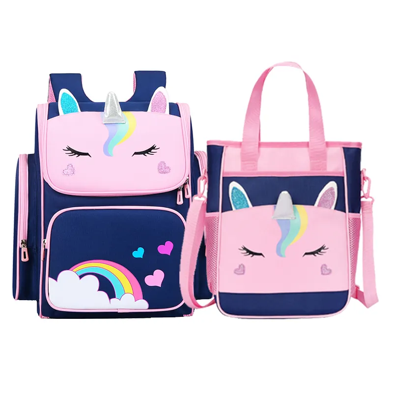 Wholesale Custom Students Bookbags Rainbow Unicorn Floding 900D Bagpack Child Escolar Backpack School bags For Girl Boy Kids