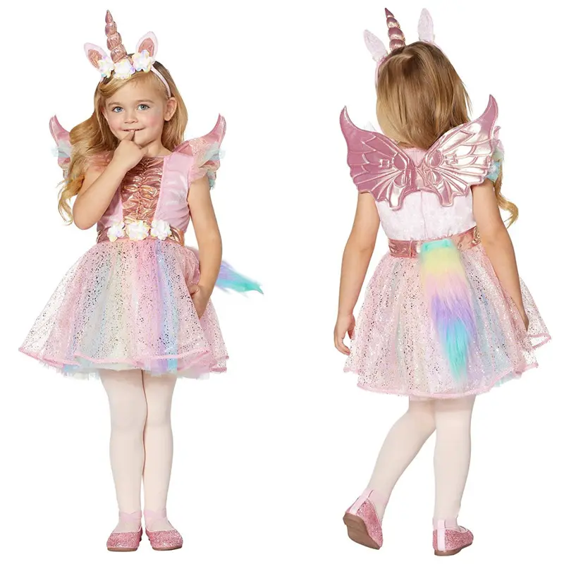 2020 Детский костюм единорога на Хэллоуин с крылом для девочки платье для выступления с блестками DJS222
