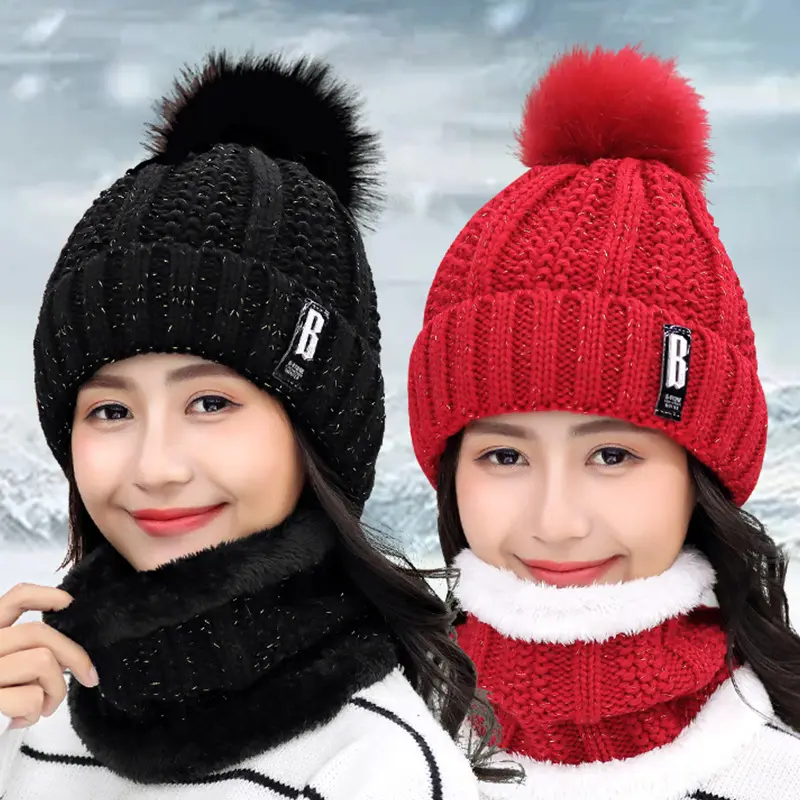 Womens Pom Beanie Hat Scarf Set Girls Cute Winter Ski Hat Slouchy Knit Skull Cap with Fleece Lined