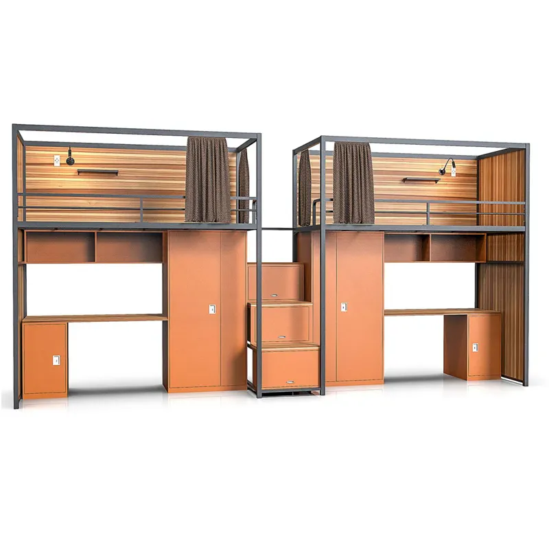 Modern design hotel and youth hostel dormitory loft bunk bed bedroom furniture with table and cabinets for school