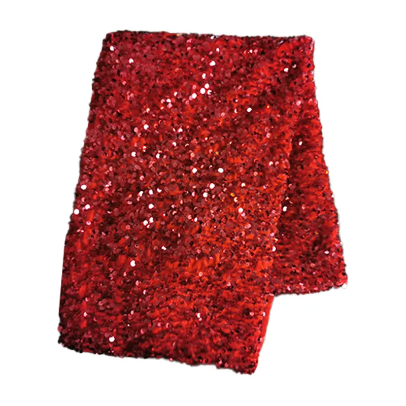 Wholesale Reversible Nigerian Luxury Custom Bling Bling Elastic 5mm Red Embroidery Velvet Sequin Fabric For Bridal Clothing