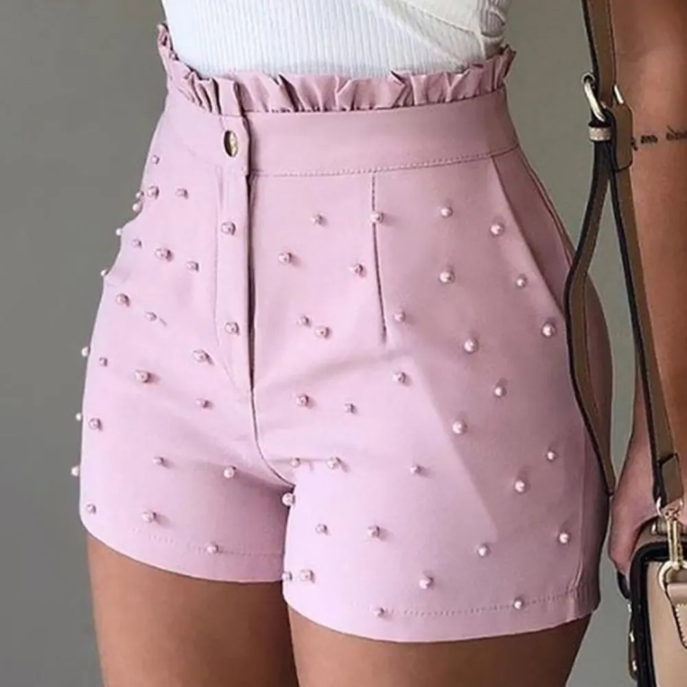 2021 Fashion High Waist Button Women Shorts Summer Solid Color Ruffled Beaded Summer Women Shorts