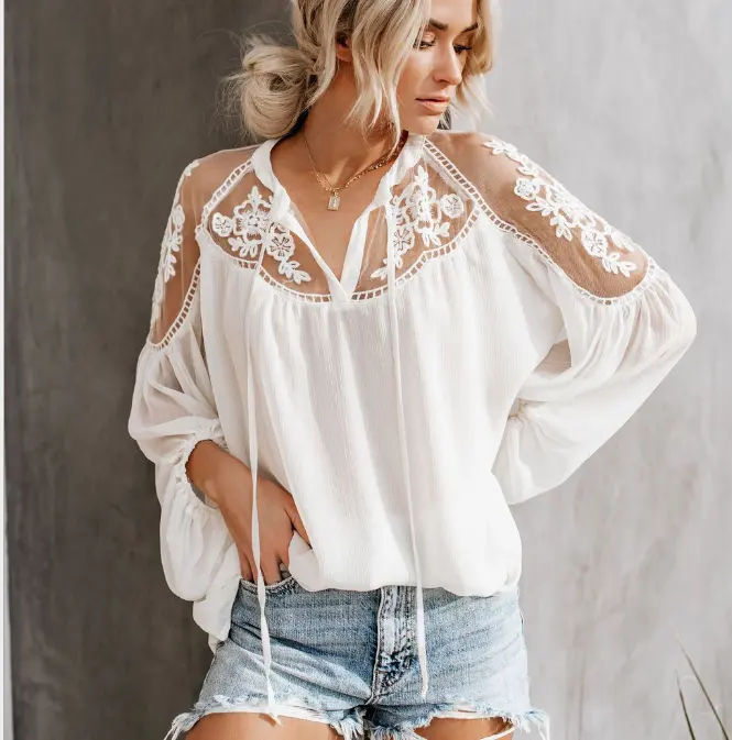Fashion Women Summer Chiffon Lantern Long Sleeve Casual Shirt Tops Blouse Ladies Summer Transparent Shirt Blouse New White