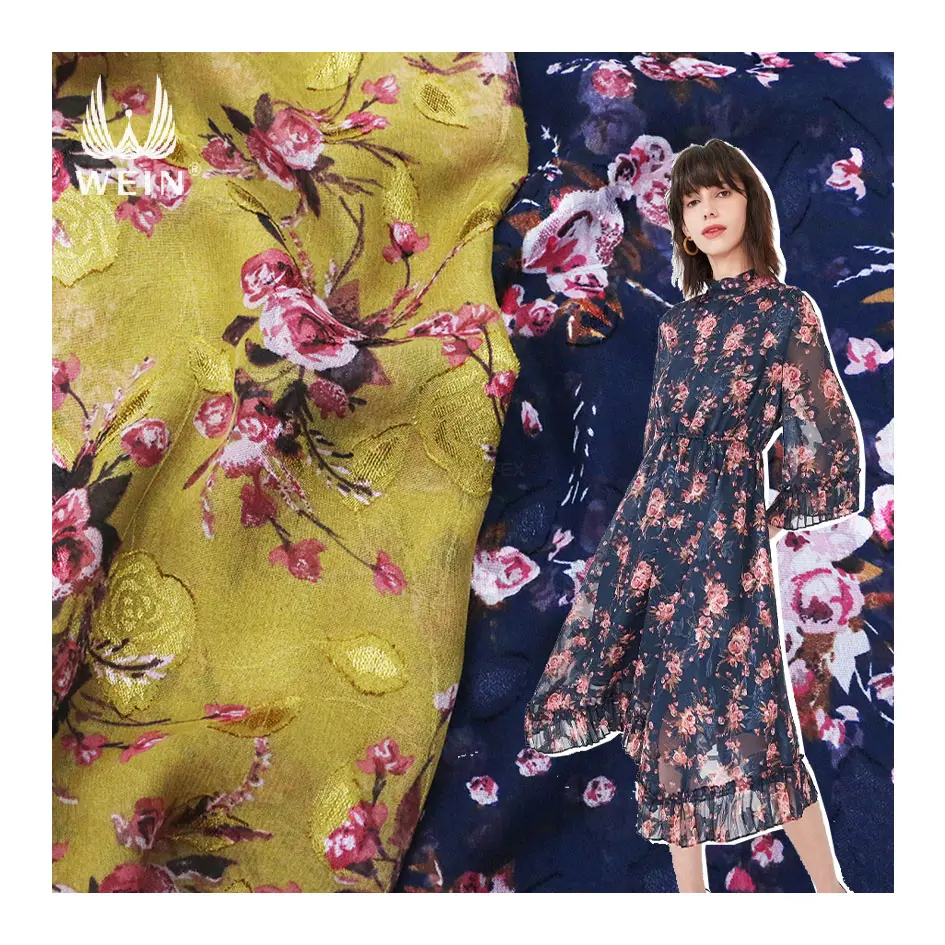 WI-J07 High quality retro field 100% polyester textile peony clip jacquard chiffon fabric printing for dress