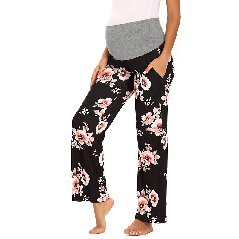 Женские удобные брюки большого размера для беременных эластичные Широкие прямые универсальные брюки для беременных с принтом и карманами