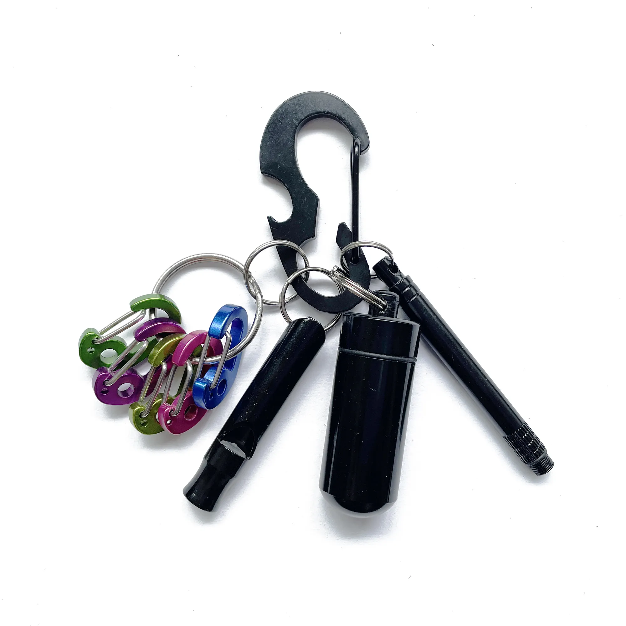 New Design Free Combine 5 in 1 Whistle Pill Container Toothpick Bottle Opener Colorful Carabiners Self Defense Keychain