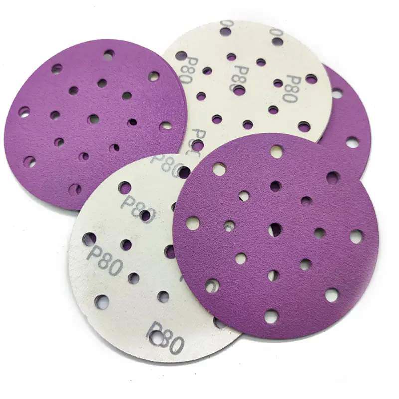 Factory OEM 6 Inch 150 Mm 17 Holes Purple Ceramics Sandpaper With Flannel Sanding Disc For Backing Hook And Loop Pad