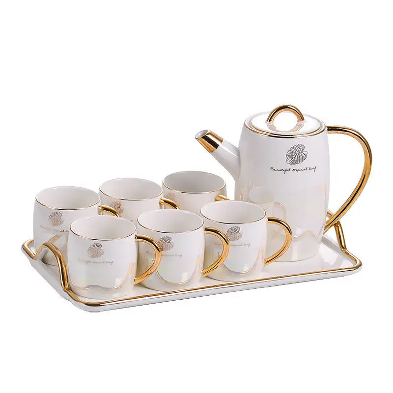 Luxury 6pcs Porcelain Coffee Tea Set With Gold Decor Ceramic Tea Pot And Cup Set