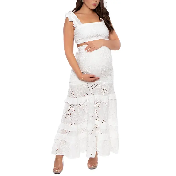 Custom maternity casual cotton hollow out dresses women pregnant clothes two piece eyelet skirt set