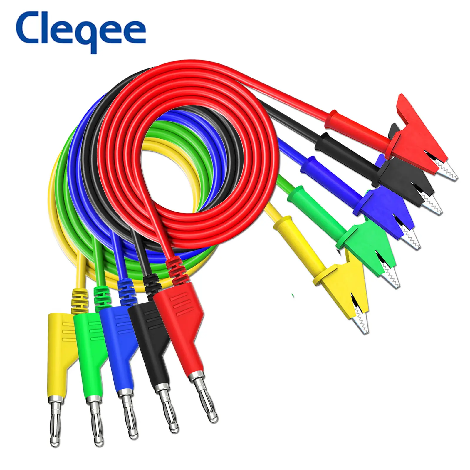 Cleqee P1037 5PCS 4mm Banana Plug to Alligator Clip Multimeter Test Lead Crocodile Clamps Cable 1M Wire 1000V/15A