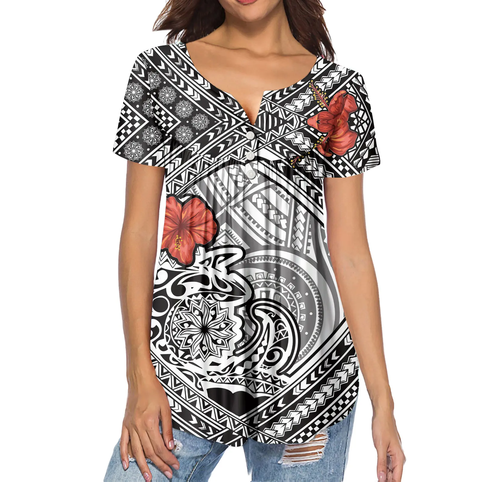 Черный полинезийской Племенной Плюмерия цветок дизайн для женщин с открытыми плечами V образным вырезом Повседневная Свободная посадка блузка с принтом для девочек, блузы и рубашки для девочек; Одежда