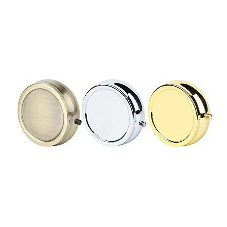 MM-MPB001 3 Compaterments Stainless Iron 60*60mm Round Pill Box With Custom Glue Drop Logo