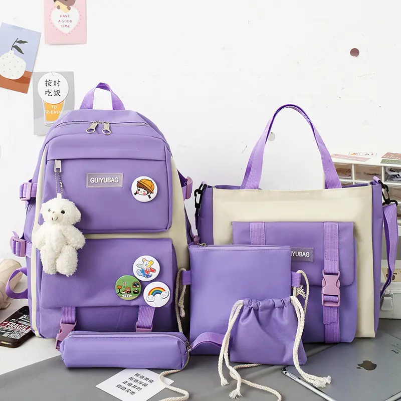 5 Pcs/Set Women Laptop Backpack Canvas School Bags For Teenage Girls Kawaii College Student Kids Book Bag Rucksack 2021