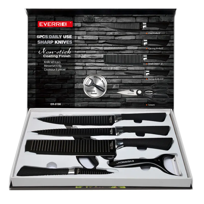 Konoll Black color knife set with wave blade in gift box packing knives set non-stick coating knife 1pc MOQ in stock