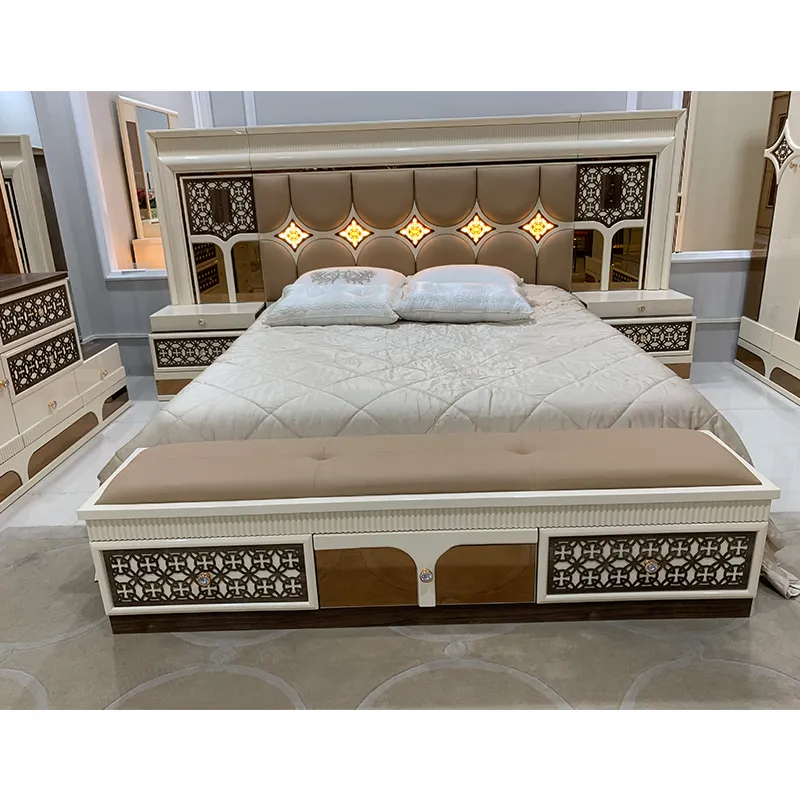 Guangzhou Foshan Mirrored Headboard Bedroom Set Solid Wood King Size Luxurious King Bedroom Furniture Sets