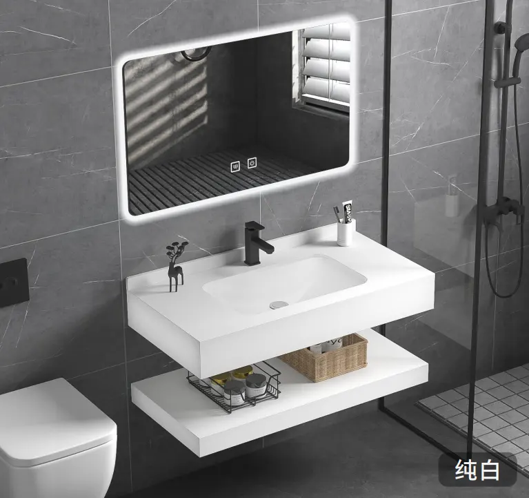 Solid surface modern wall hung furniture counter top hand wash basin sintered stone black bathroom vanity marble sink