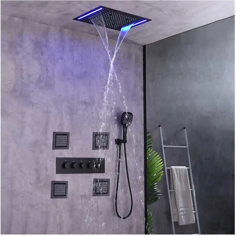 AMAXO LED Black Shower Head Rainfall Waterfall Misty Ceiling Mounted Thermostatic Shower Faucet With Body Jet For Bathroom