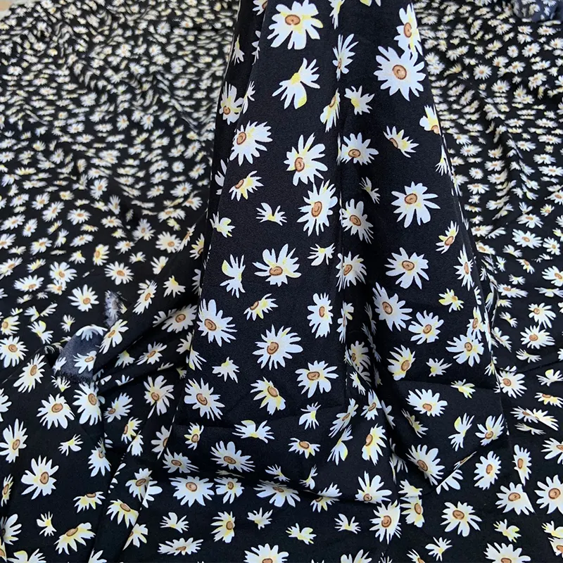 150cm Wide Soft Black Small Daisy Floral Print Stretch Chiffon Tulle Fabric French Retro for Dress Skirt, by the Meter