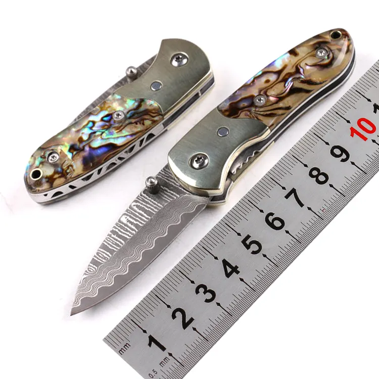 Складной карманный нож из дамасской стали, маленький Боуи из меди и натуральной морской ракушки, с индивидуальным логотипом, удобно носить с собой