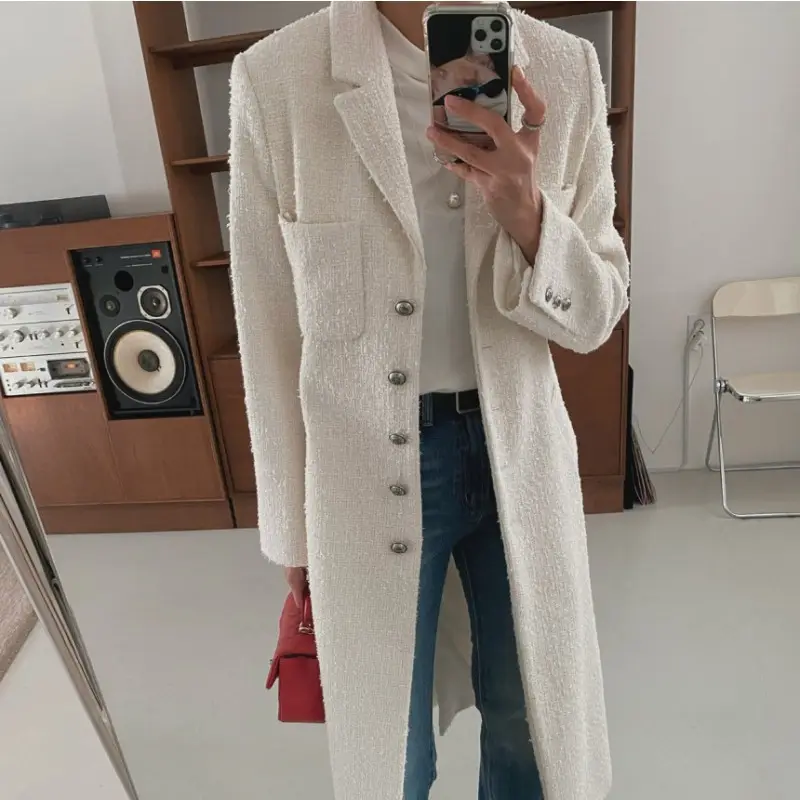 Корейский дизайн, модные стильные длинные женские твидовые зимние пальто, женские куртки, плащи, 8275