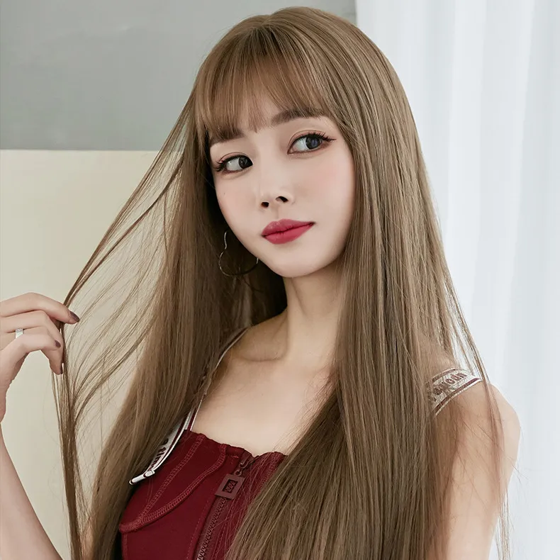 Wig female long hair full head set natural air bangs whole top