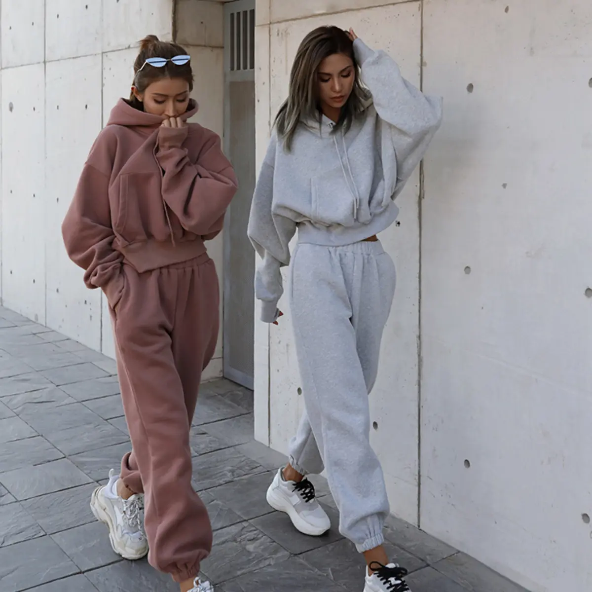 New Arrival Women Solid Color Two Piece Hoodie Sweater Set