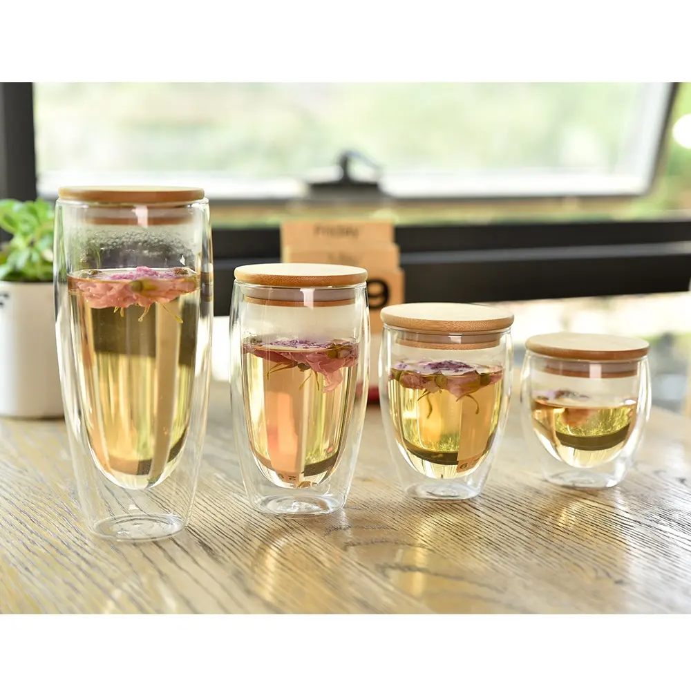 250 мл боросиликатное стекло чашка двойные стеновые очки чайная стеклянная чашка кофейная чашка с бамбуковой крышкой