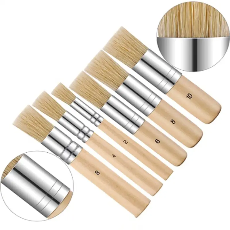 5 Piece Wood Handle Stencil Brush Set - Natural Bristle Wooden Template Paint Brushes - Watercolor  Acrylic  Oil Painting - Craf