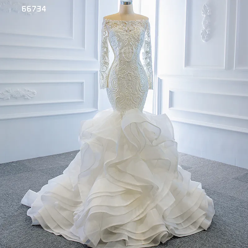 RSM66734 Кружевное платье-Русалка с открытыми плечами и кристаллами, Новое Стильное пляжное свадебное платье