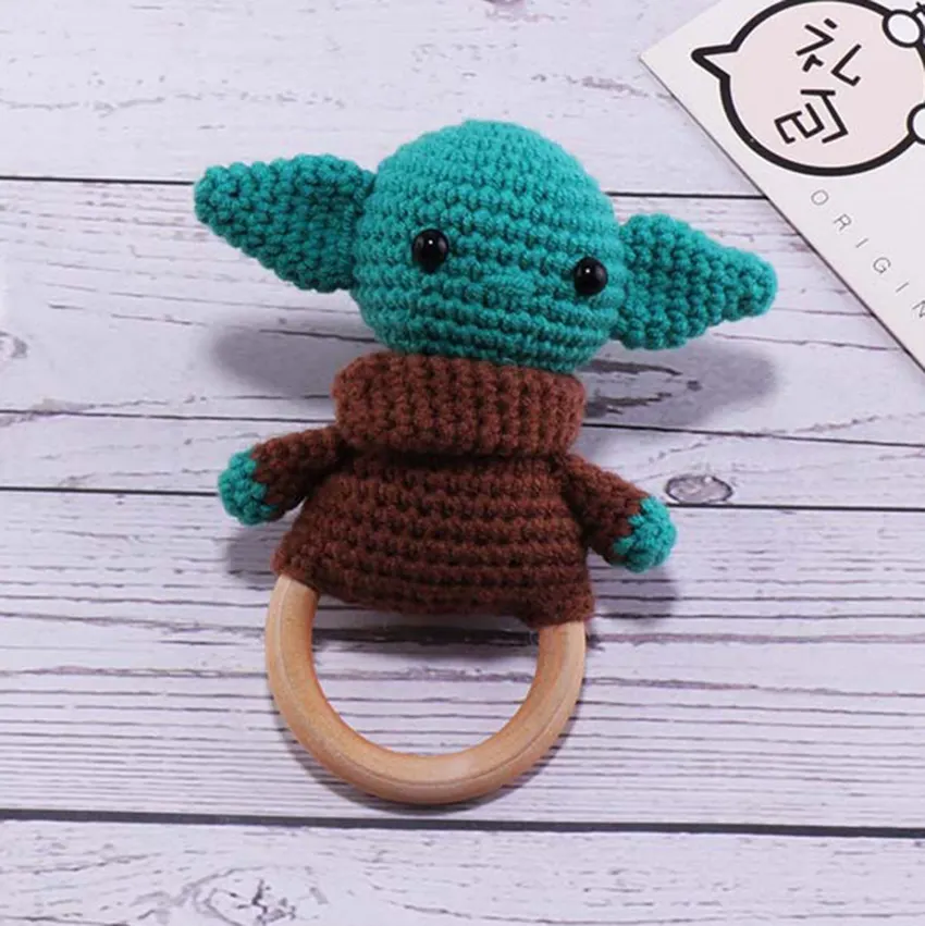 Wooden Ring Baby Rattle Toys Handmade Crochet Yoda Teething Toy Newborn Gifts Teether M3229
