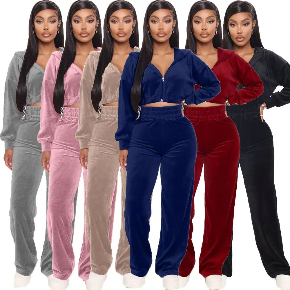 New Fashion Pullover Hoodie Wide Leg Pants Long Sleeve Outfits Flare Pants Winter velvet tracksuits for women 2 piece set