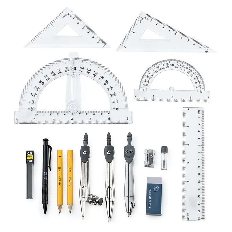 Набор из 15 математических геометрических фигур с поворотным рычагом, транспортир, разделитель, квадраты, линейка, Компасы и транспортир