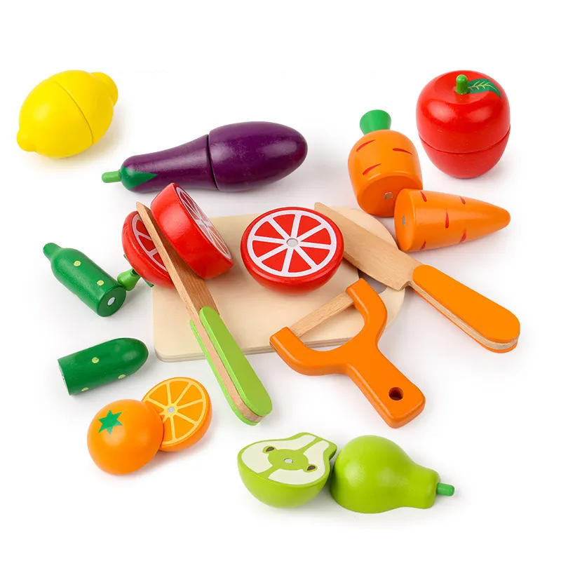 Montessori pretend play preschool kitchen wooden magnetic fruit toys simulation food set kids cutting vegetable games