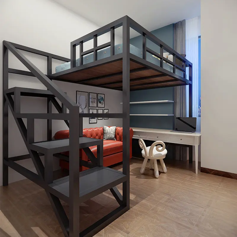 Space Saver Small Apartment Sleeping Room Furniture Black Iron Frame Metal Bunk Loft Bed For Adults