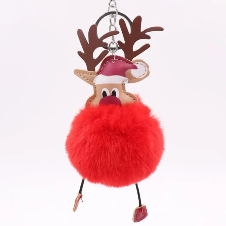 Wholesale Pu Christmas Fur Ball Keychain Elk Pendant Imitation Rabbit Plush Pom Pom Key Chain Cute Reindeer