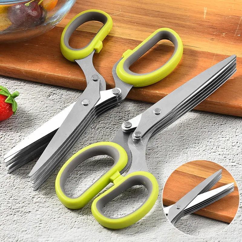 OEM Multi-purpose Stainless Steel Shears Five Blade Herb Kitchen Scissors with Rubber Handle