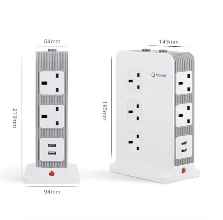 UK upright desktop multiple tower surge protector multi outlet power cord plug strip with usb extension socket