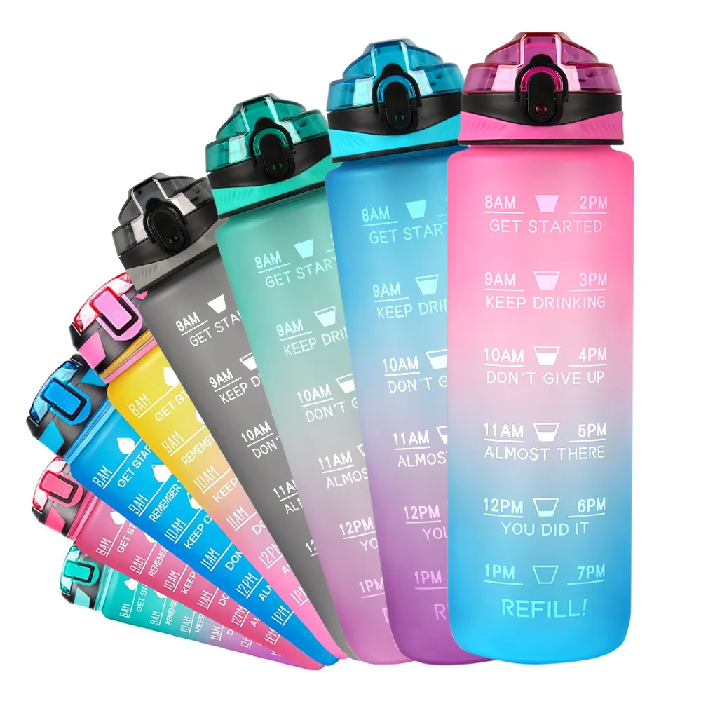 Tritan BPA Free Water 32oz 1000ML Motivational Plastic Gallon Water Bottle With Time Marker Straw for Fitness Gym Sports