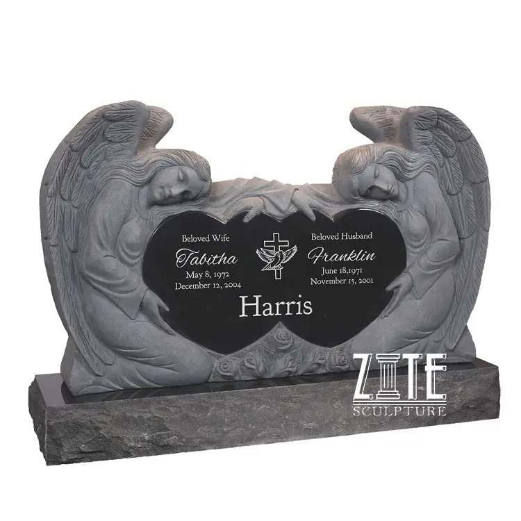 Cheap stone monuments marble religious double angel heart shaped grave headstone tombstone